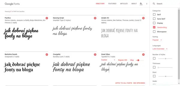 Strona Google Fonts prezentuje różne fonty, w tym "Pacifico" i "Dancing Script", z przykładem tekstu "jak dobrać piękne fonty na bloga".