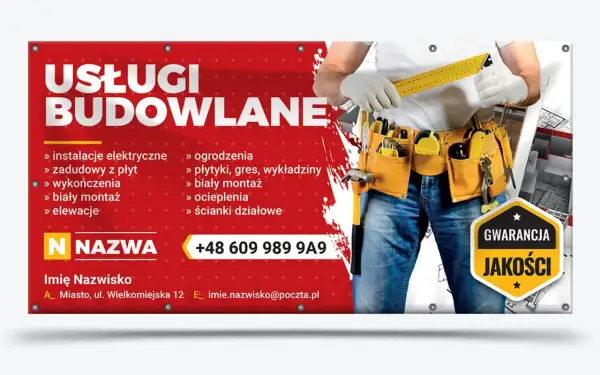 Profesjonalna reklama firmy budowlanej oferującej szeroki zakres usług: od instalacji elektrycznych po biały montaż i elewacje. Gwarancja jakości.