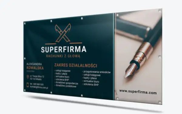 Reklama biura rachunkowego "Superfirma". Oferuje usługi księgowe, kadry i płace, wirtualne biuro, szkolenia BHP, doradztwo gospodarcze i podatkowe.