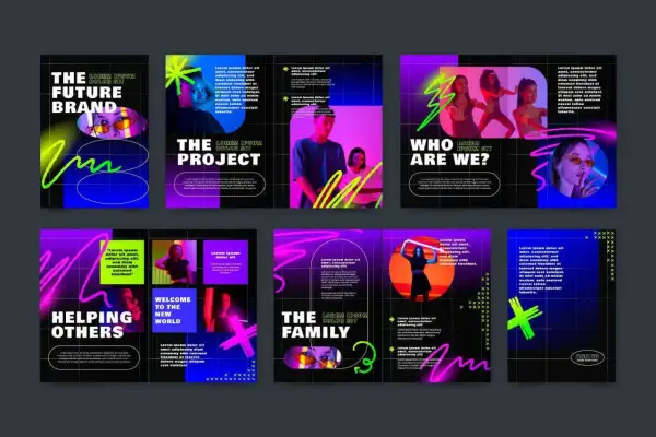 Kolaż grafik wektorowych z neonowymi akcentami, przedstawiający ludzi i hasła, np. "The Future Brand".