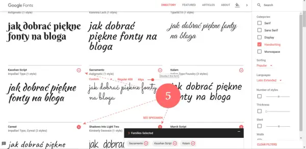 Wybór pięknych czcionek na bloga w Google Fonts. Widoczne różne style pisma, w tym odręczne.
