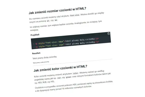 Przykład zmiany rozmiaru czcionki w HTML: 18px dla dużej, 12px dla małej. Pozwala to kontrolować rozmiar czcionki w rzeczywistości.