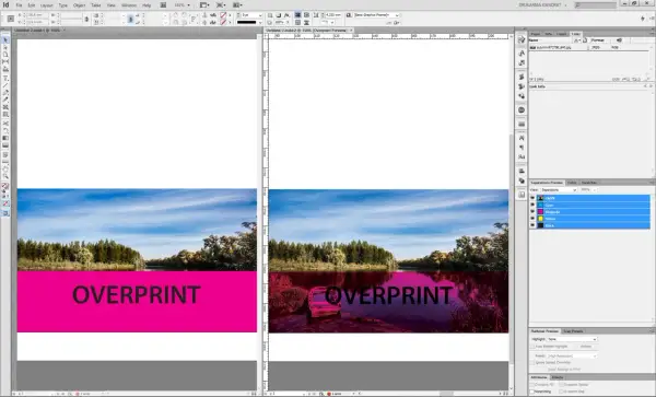 Podgląd nadruku (overprint) w InDesign pokazuje, jak kolory nakładają się na siebie, tworząc efekt głębi.