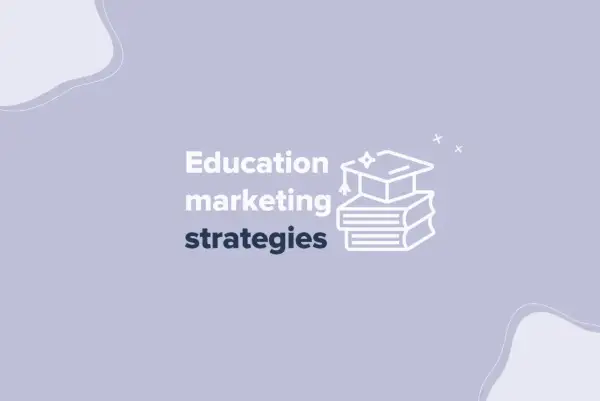 Grafika z hasłem "Education marketing strategies" i ikoną stosu książek z czapką absolwenta. To reklama edukacyjna.