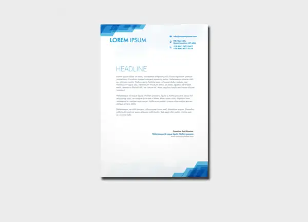 Strona tytułowa z nagłówkiem "LOREM IPSUM" i tekstem nagłówka. Dane kontaktowe i adres firmy.