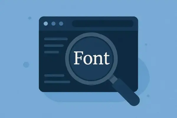 Ilustracja pokazuje, jak sprawdzić czcionkę na stronie internetowej. Lupa powiększa napis "Font" na tle okna przeglądarki.