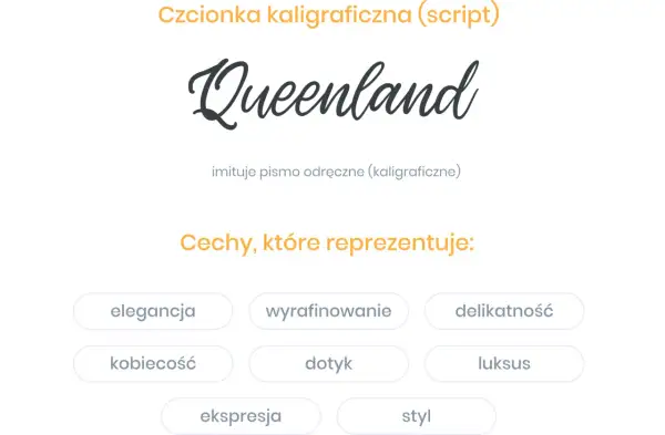 Elegancka czcionka ozdobna "Queenland" imituje pismo odręczne, sugerując wyrafinowanie, delikatność i luksus.