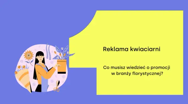 Ilustracja do reklamy kwiaciarni. Uśmiechnięta florystka trzymająca doniczkę z kwiatami.