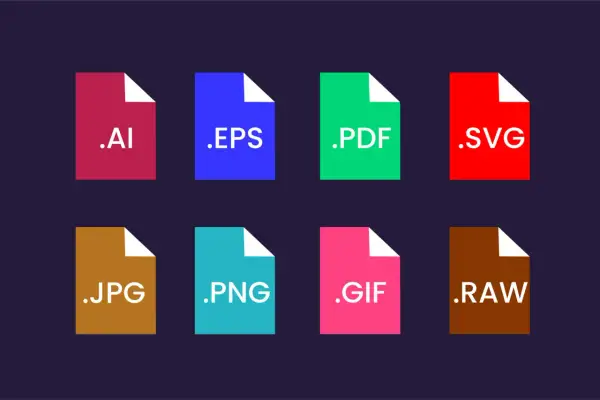 Kolorowa grafika wektorowa prezentująca ikony popularnych rozszerzeń plików: .AI, .EPS, .PDF, .SVG, .JPG, .PNG, .GIF, .RAW.