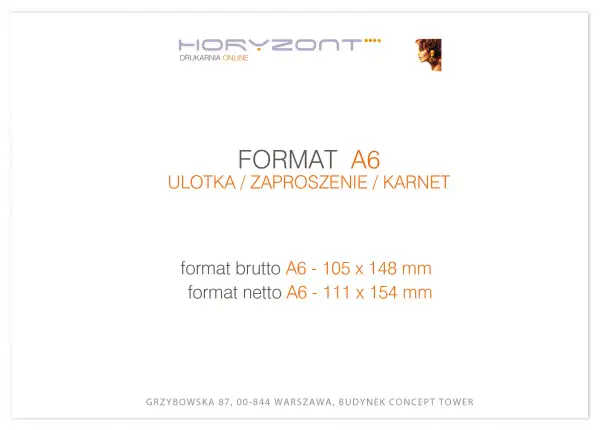 Tworzenie zaproszeń w formacie A6. Ulotka, zaproszenie lub karnet. Wymiary brutto 105x148 mm, netto 111x154 mm.