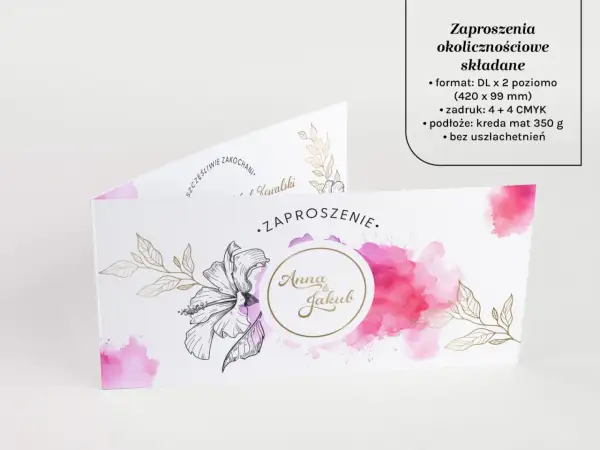 Eleganckie zaproszenia ślubne Anny i Jakuba. Format DL x 2 poziomo (420 x 99 mm) idealny na tę okazję.