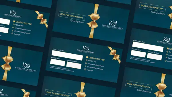 Eleganckie bony podarunkowe z motywem złotych wstążek. Dowiedz się, jak zrobić voucher na usługi fizjoterapii.