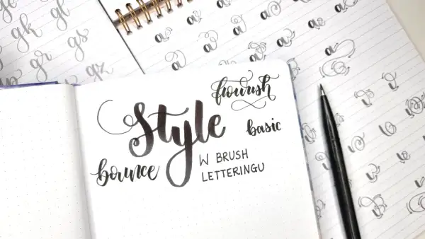 Ćwiczenia kaligraficzne: "Style", "bounce", "flourish", "basic" w eleganckiej czcionce. Obok przykłady liter "a" i "g".