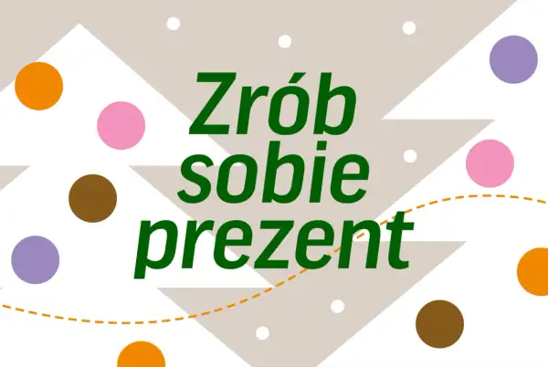Zrób sobie prezent! Kolorowy bilet szablon do druku z kropkami i choinkowymi wzorami.
